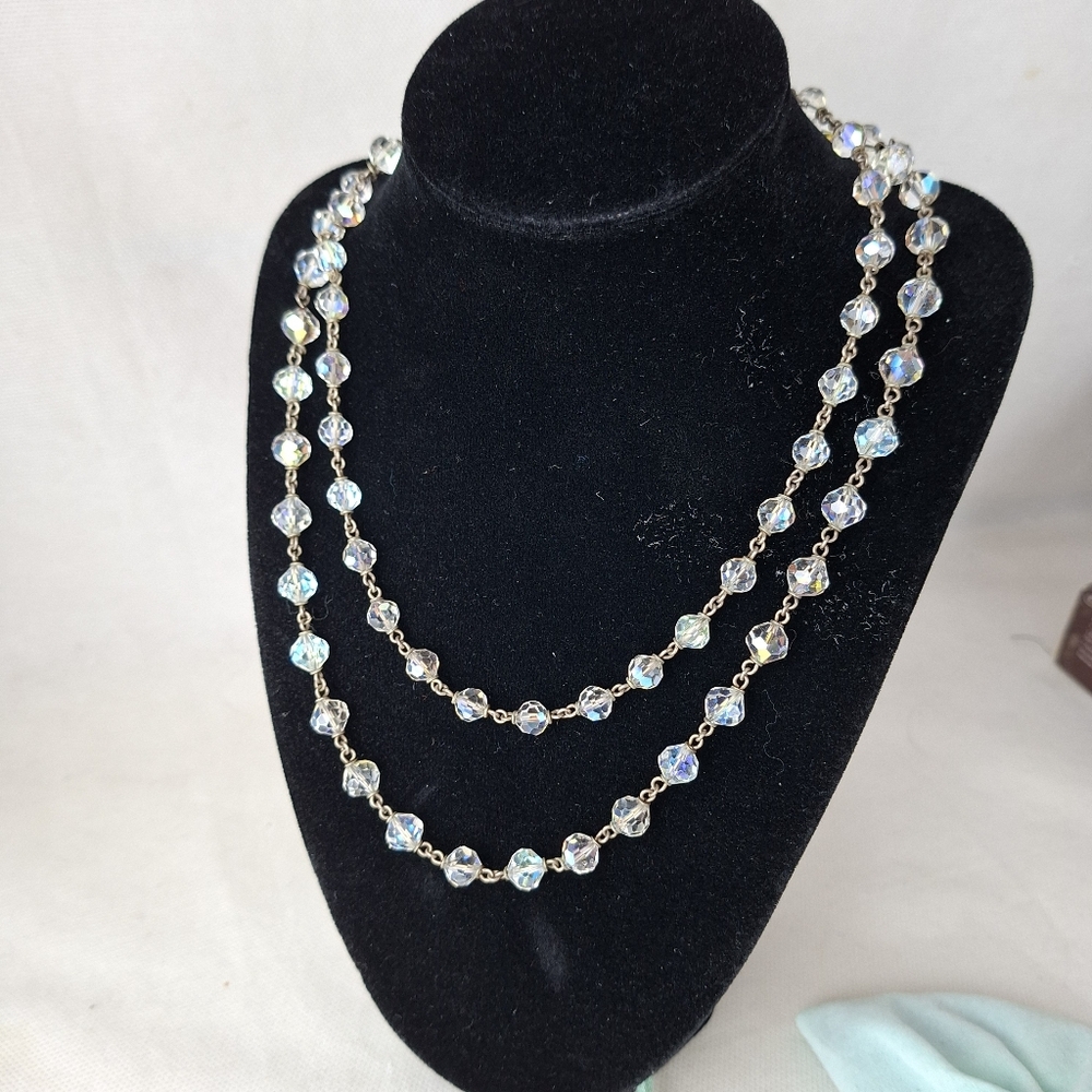 Vintage Long Crystal Bead Eternity Necklace Aurora Borialis Iridescent+ Sterling